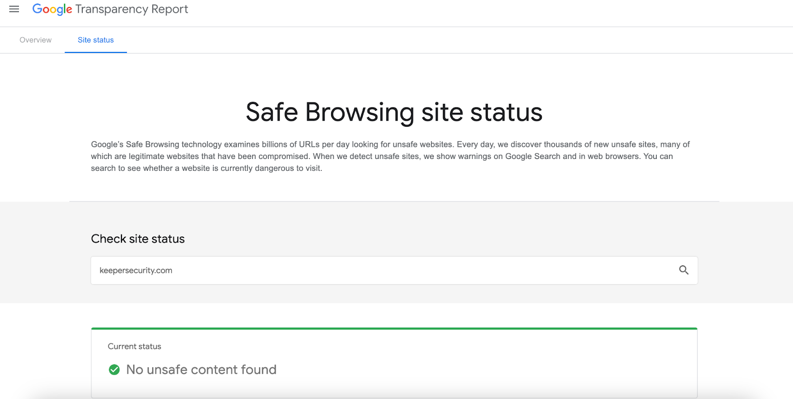 Screenshot showing how the Google Transparency Report looks like when it shows a safe website.