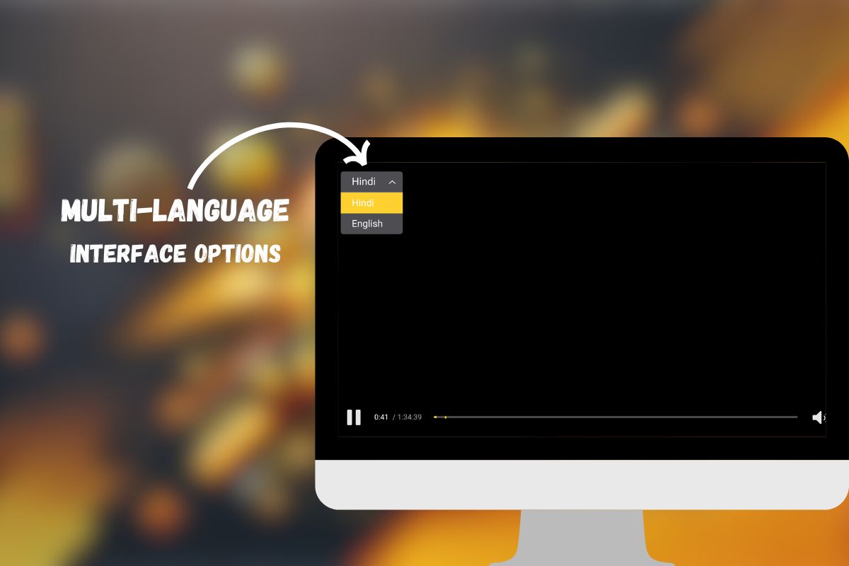 Video player with multi-language interface options, allowing users to switch between Hindi and English.