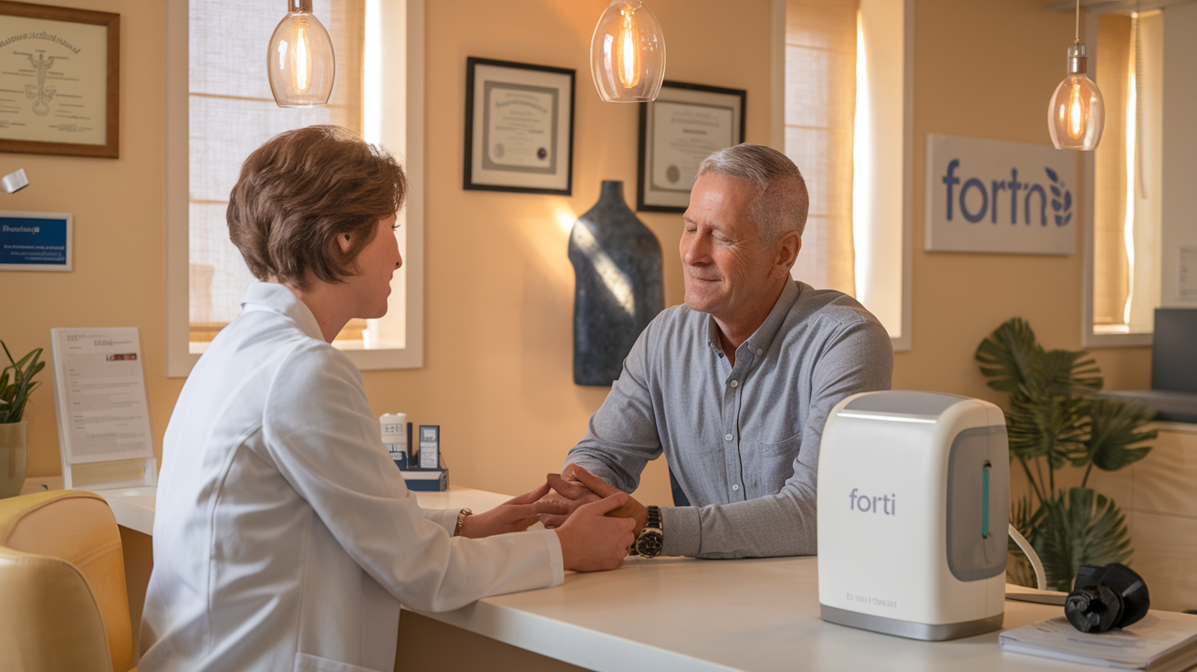 Create a realistic image of a supportive healthcare professional in a clean, modern wellness clinic setting, with a middle-aged white male patient looking relieved during a consultation, warm natural lighting filtering through windows, medical diplomas and wellness certifications visible on the wall, a desk with Forti Prime product visible, and an overall atmosphere conveying care, trust, and wellness restoration.