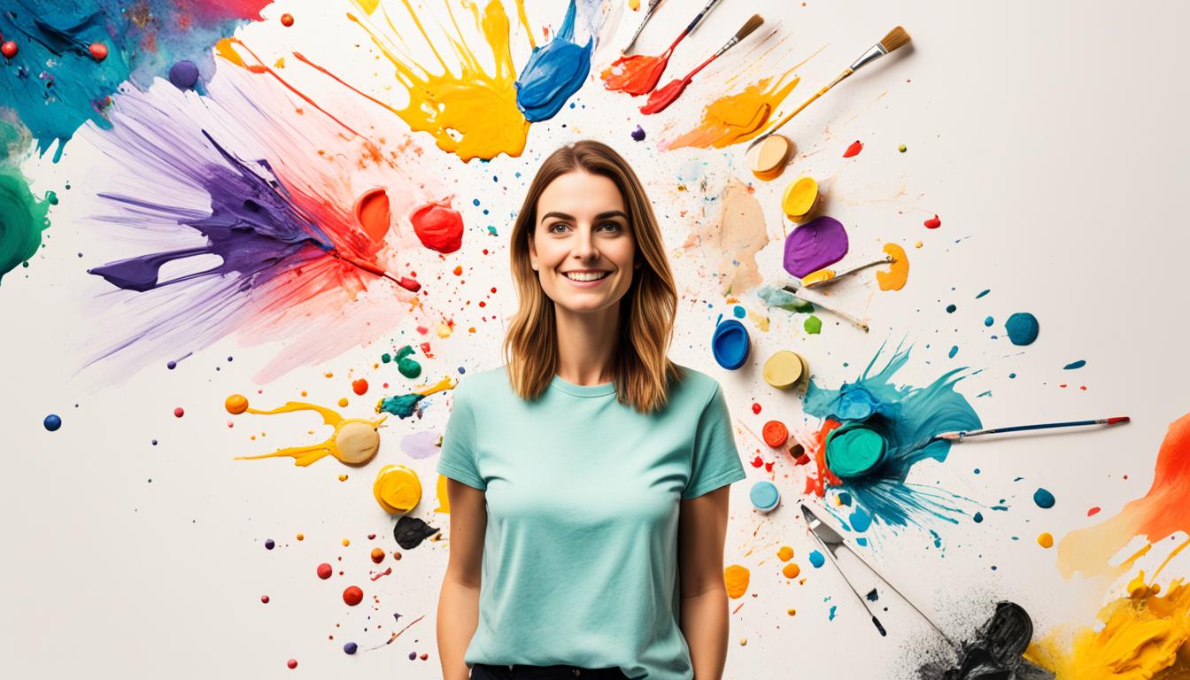 A person standing in front of a blank canvas, holding a paintbrush and surrounded by different colored paints. The canvas is split into two parts. On the left side, there is a chaotic mix of colors and shapes while on the right side, there is a clear and organized image that represents the manifestation of the person's desires. The person has a determined expression on their face as they focus on using the paintbrush to transform the chaotic side into the desired image.