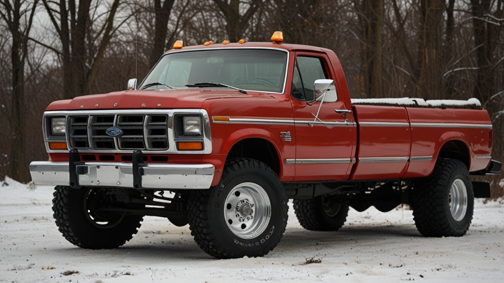 1987 Red Ford Lifted Dually Snow Truck Stake Bed