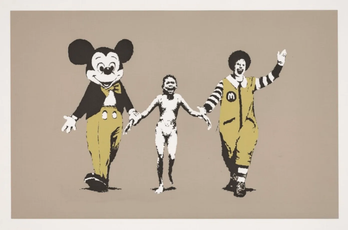 In Napalm, Banksy’s famous anti war art, Vietnam is center stage with a photo of a girl with Napalm burns, flanked by Ronald McDonald and Mickey Mouse.