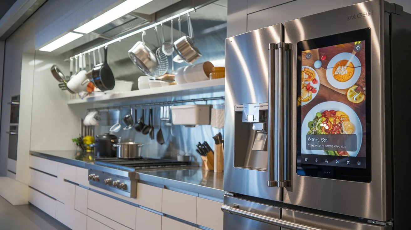 Smart refrigerator in a futuristic kitchen recommending meal plans.