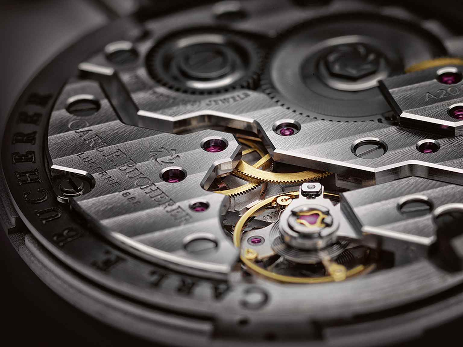 Close-up of a luxury watch's mechanical movement showcasing intricate craftsmanship and brand engravings