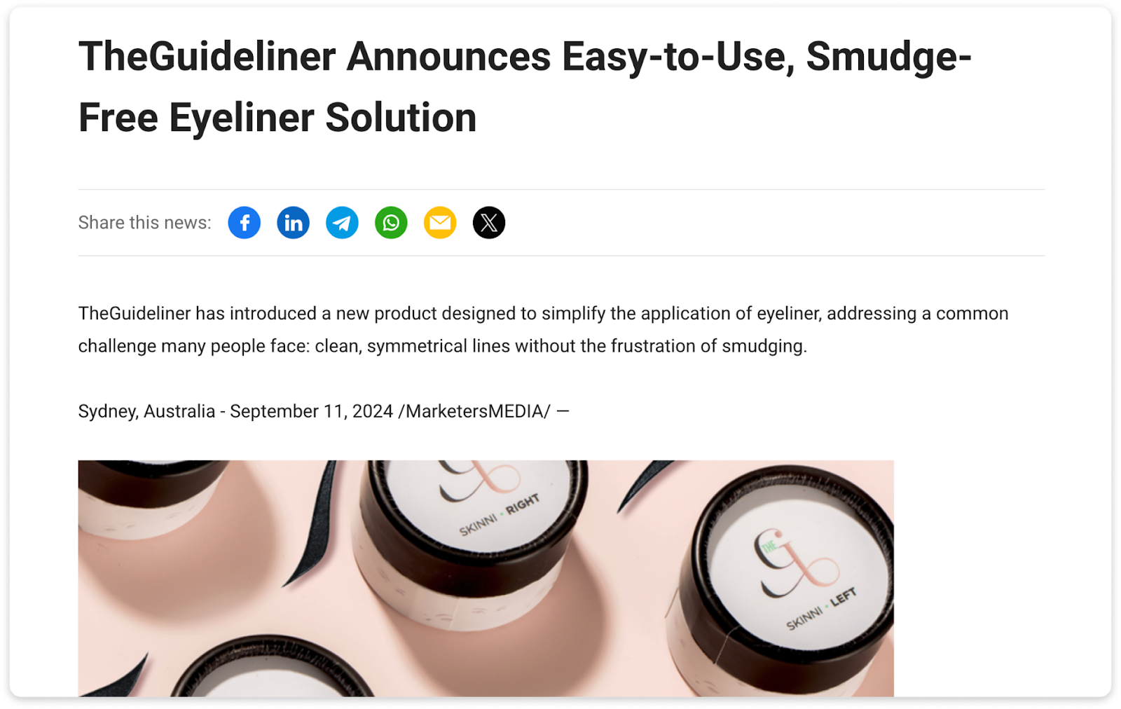 An example of a press release featuring TheGuideliner's new smudge-free eyeliner solution with product visuals.