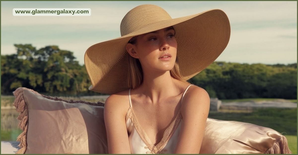 Person in wide-brimmed hat protecting herself from water