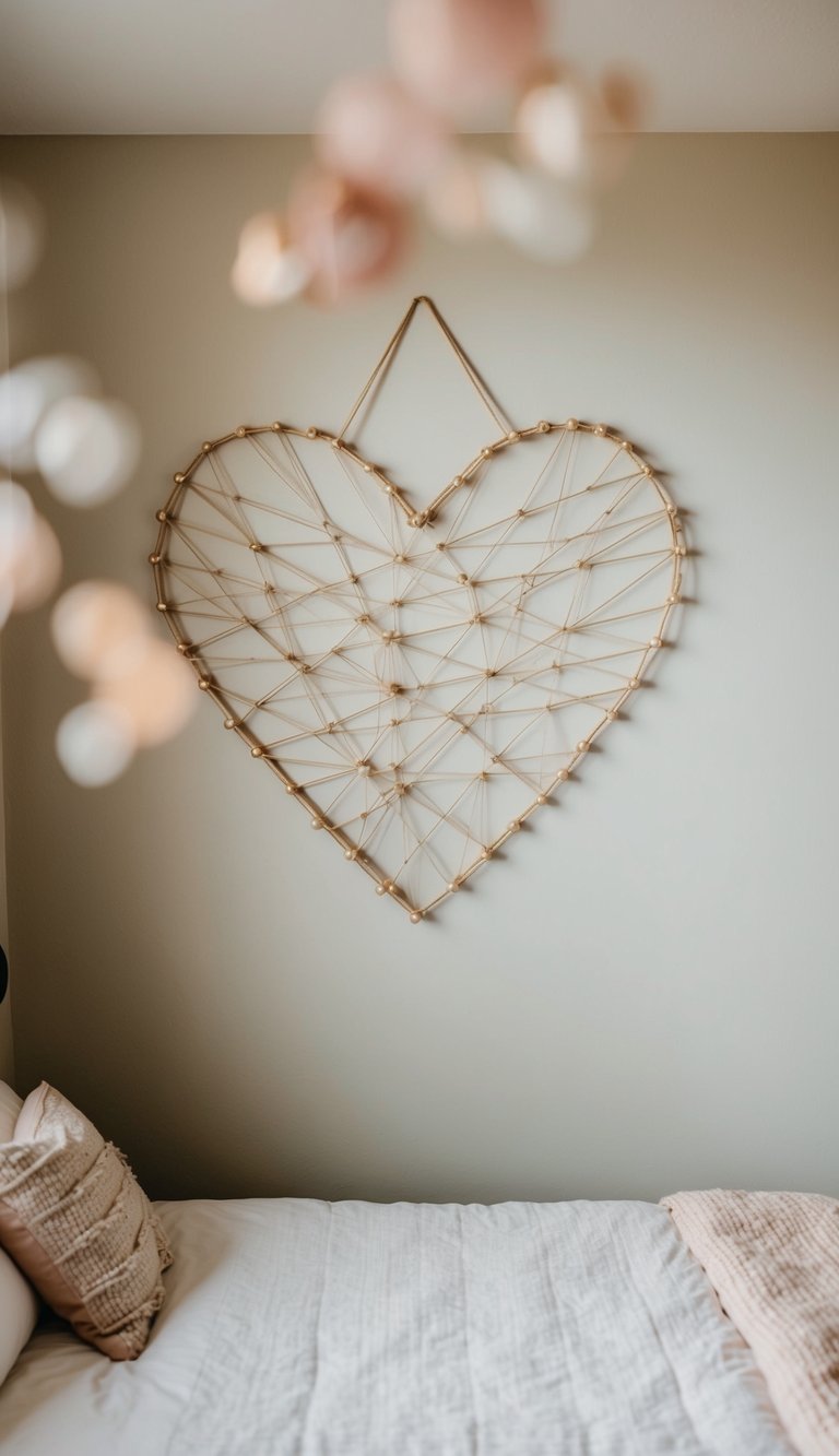 A heart-shaped string art piece hangs on the wall in a cozy master bedroom, surrounded by soft, romantic decor