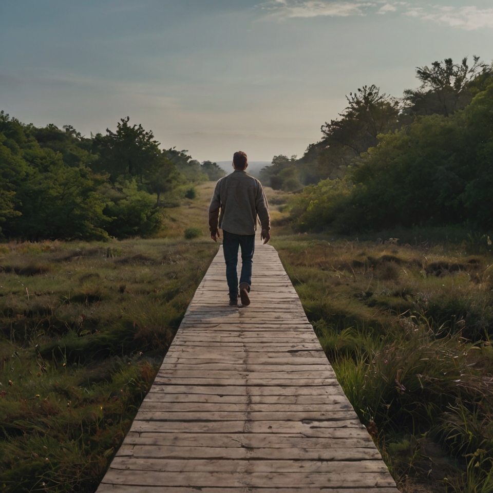 A man walking away on a winding path into the horizon, symbolizing moving on after a breakup.