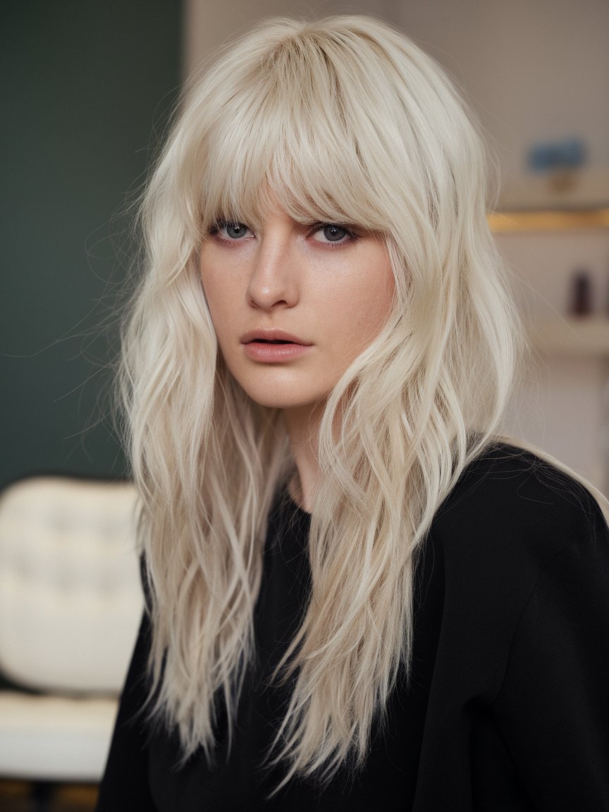 16. Platinum Blonde With Lowlights Straight Layered Cut With Bangs