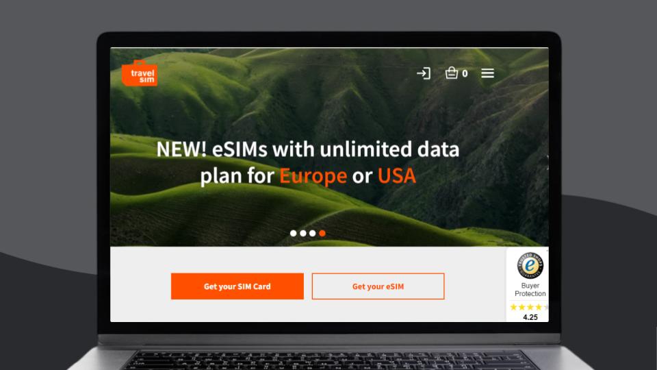 The website homepage of eSIM provider TravelSIM