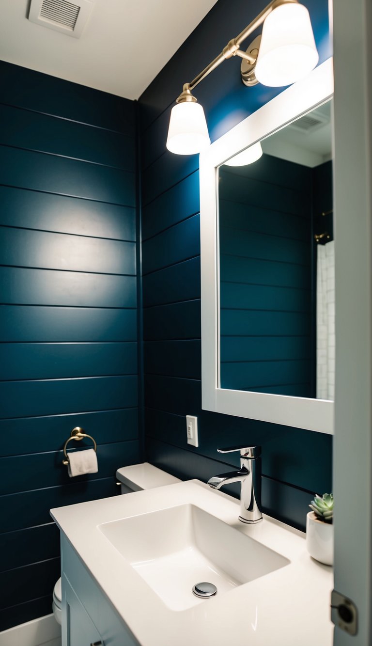 A bathroom with navy shiplap walls, a modern sink, and a large mirror