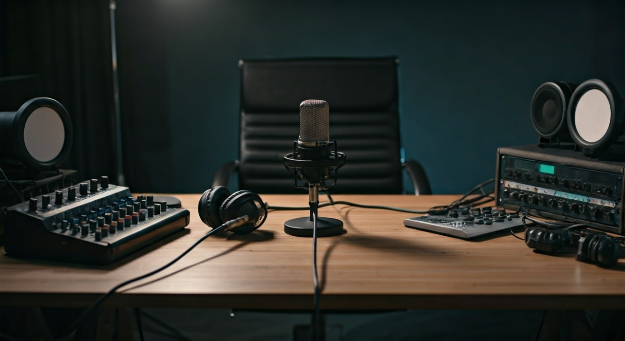 Podcasting equipment in a studio