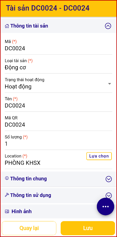 Thêm thông tin tài sản trên mobile