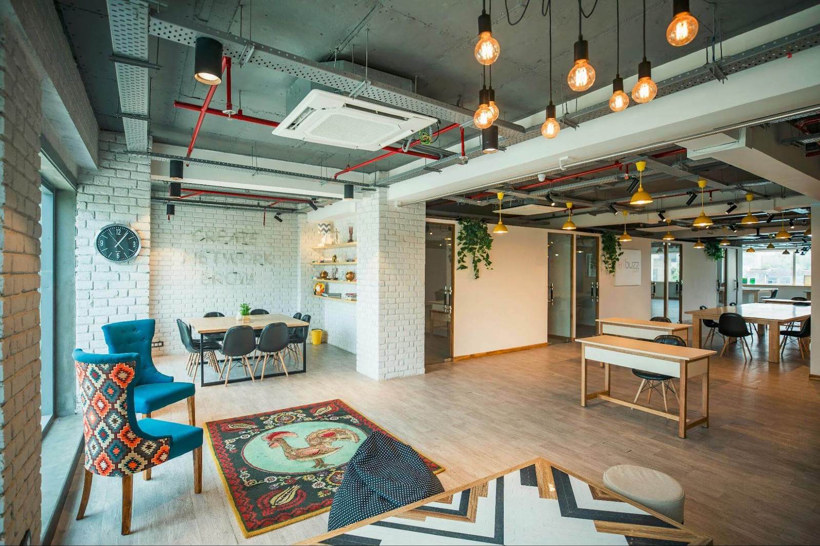 Open working space with desks and chairs