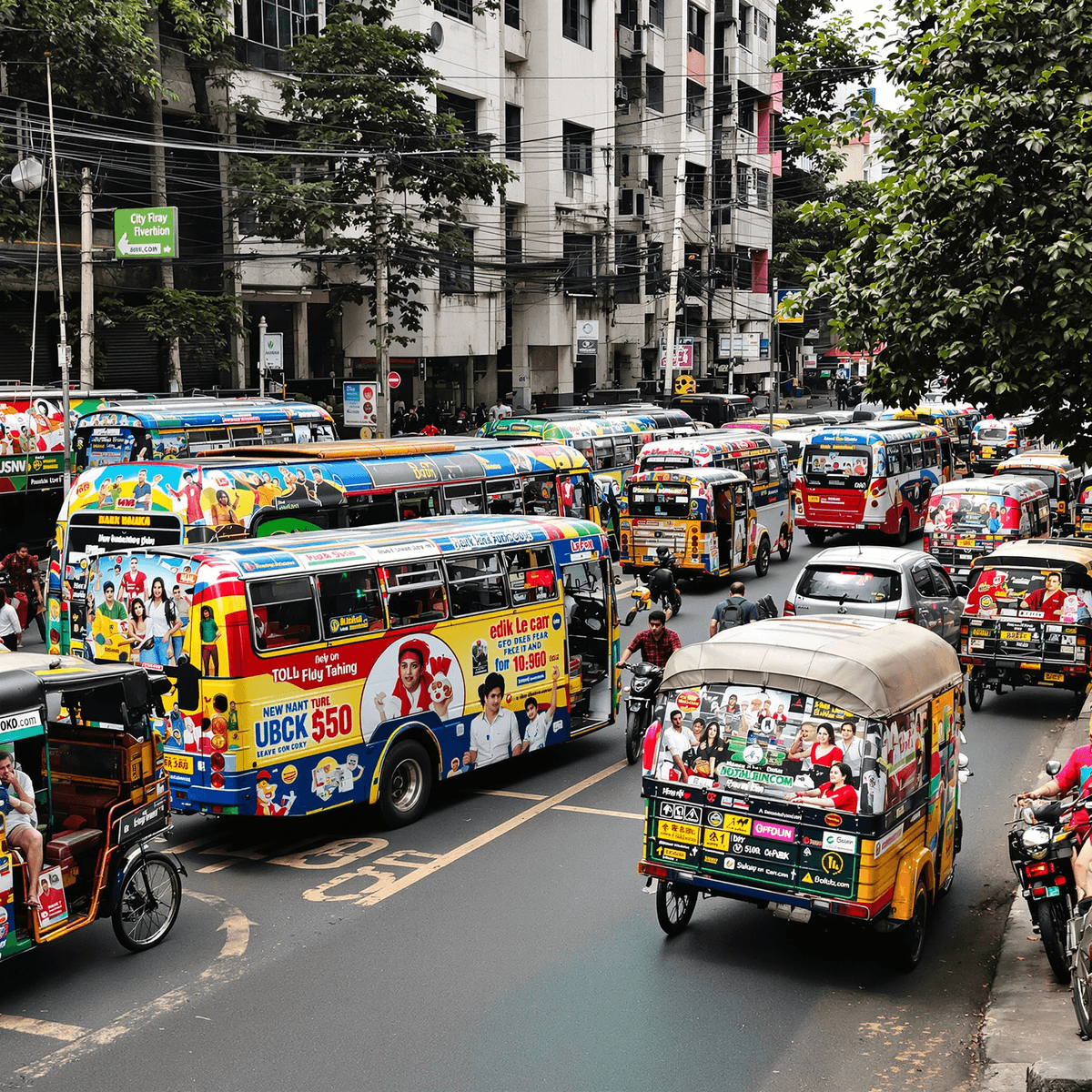 A busy Dhaka street with colorful buses and rickshaws covered in vibrant advertisements amid heavy urban traffic.