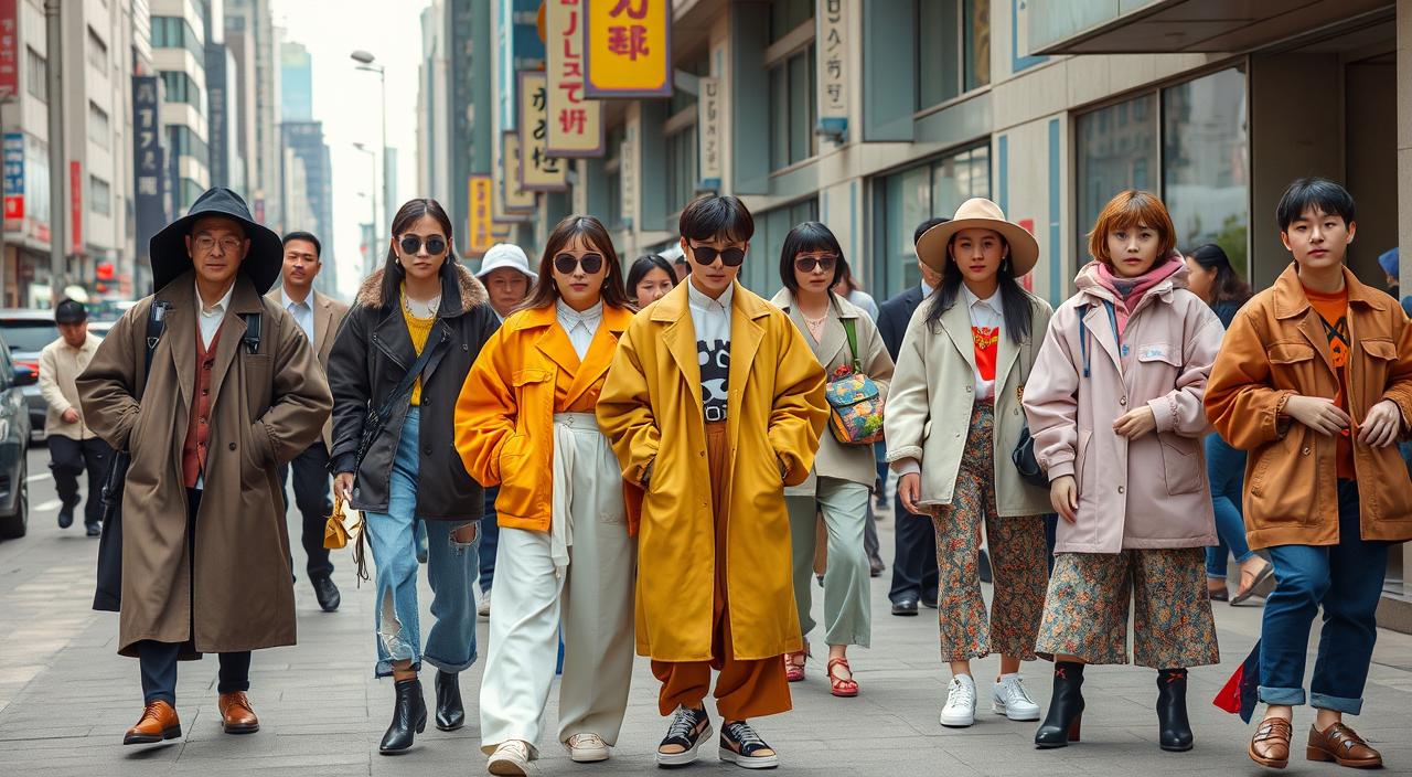 A vibrant street scene showcasing diverse individuals wearing the latest Korean fashion trends, blending modern aesthetics with traditional elements, featuring oversized silhouettes, layered outfits, bold colors, and unique accessories, set against a backdrop of contemporary urban architecture in a bustling city.