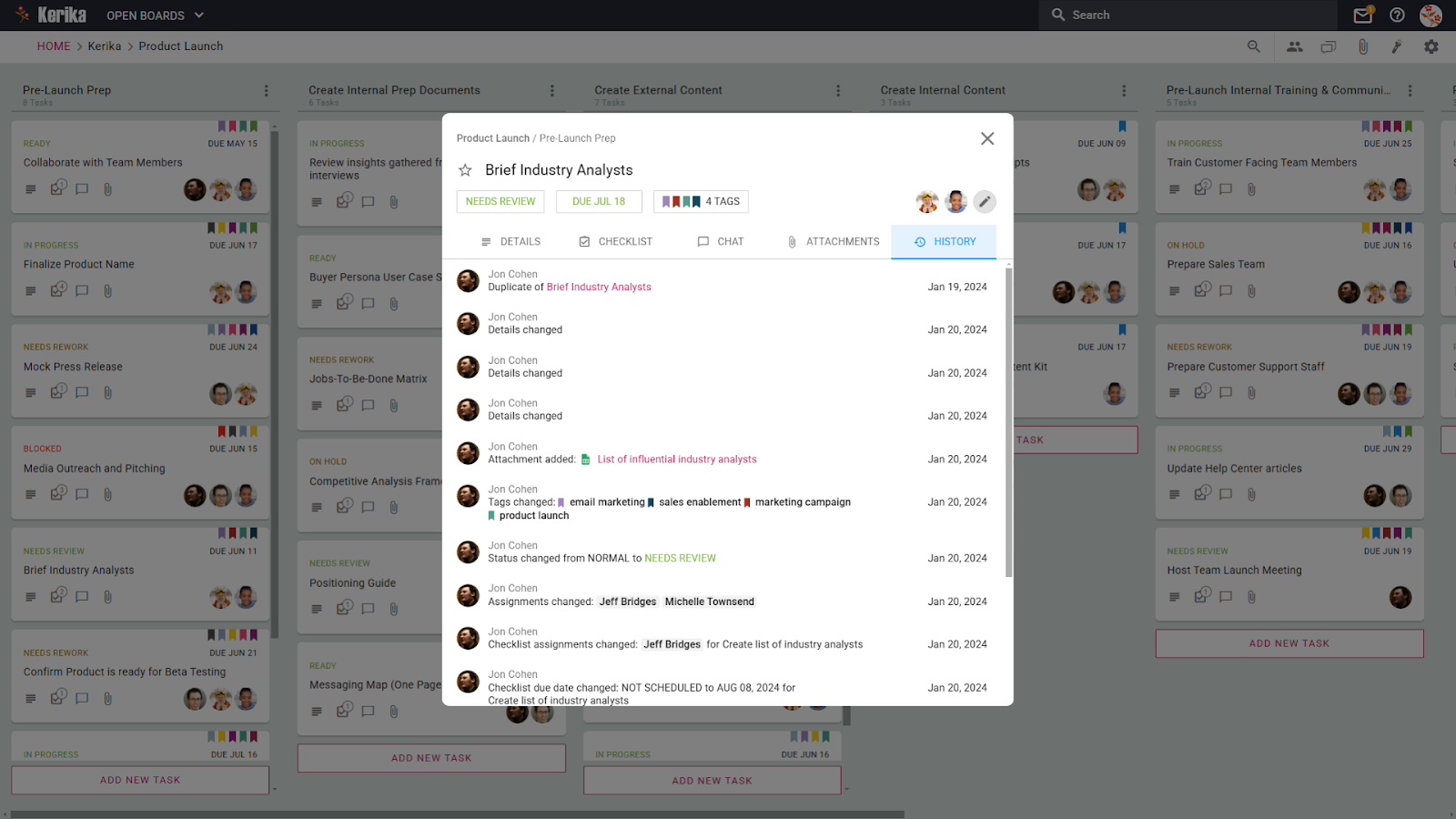 Kerika's history feature, providing a clear audit trail for every task. This screenshot showcases the chronological log of all changes made to a task, including status updates, file attachments, tag changes, and assignment shifts. Make sure your team is aligned and accountable at every step with Kerika.
