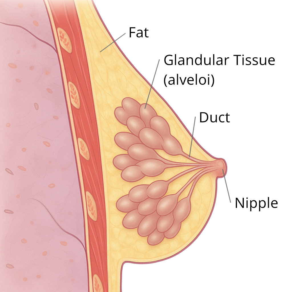 Cross-sectional medical illustration of a human breast showing internal structures involved in milk production, including alveoli (milk-producing glands), ducts (which transport milk), and the nipple. The image is unlabeled and highlights how milk is made and flows through the breast during lactation.