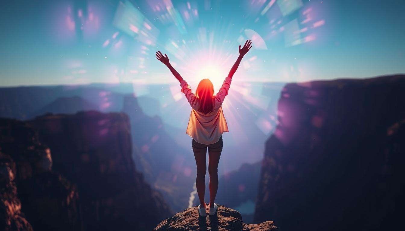 A woman standing at the edge of a cliff with her arms raised up towards the sky, surrounded by a vibrant aura of light and energy as she manifests her dream job.