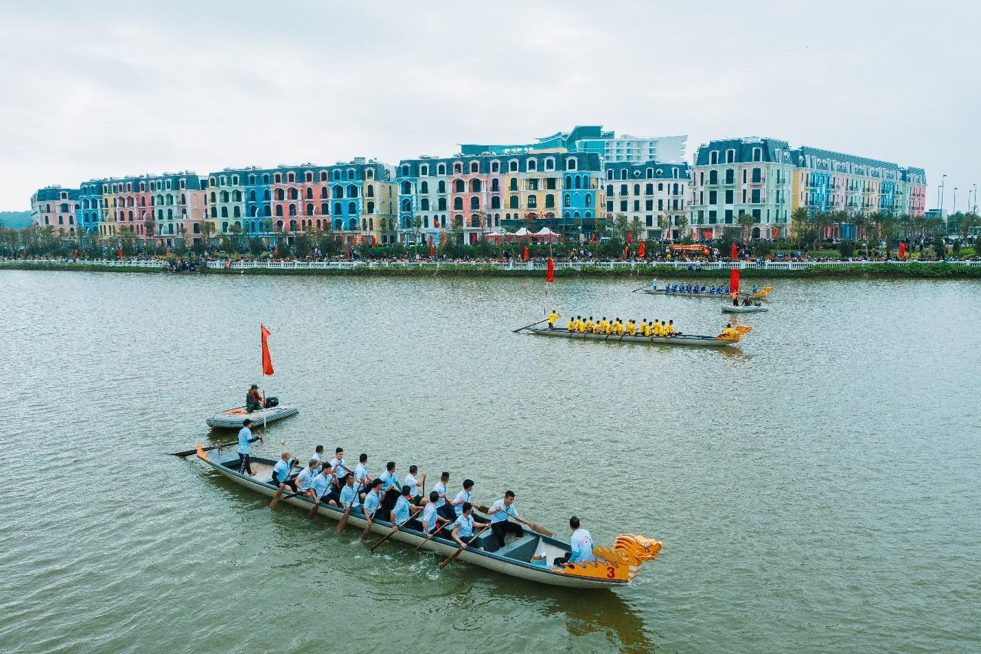 A group of people rowing a boat on a body of water Description automatically generated