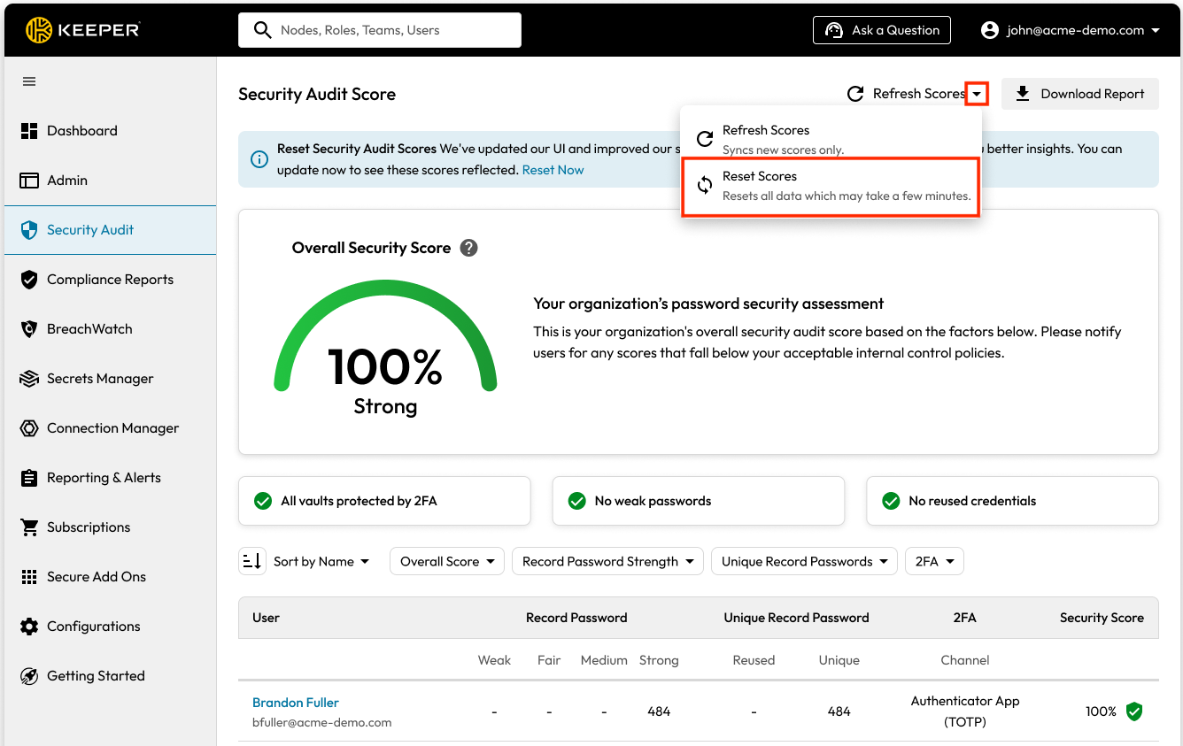 Security audit showing how admins can now refresh security scores within the Keeper Admin Console.