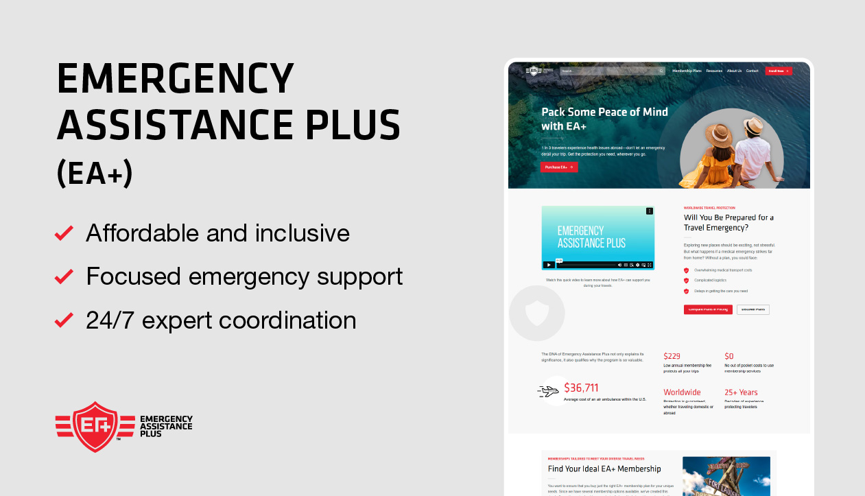 screenshot of Emergency Assistance Plus website with bulleted list of company highlights.