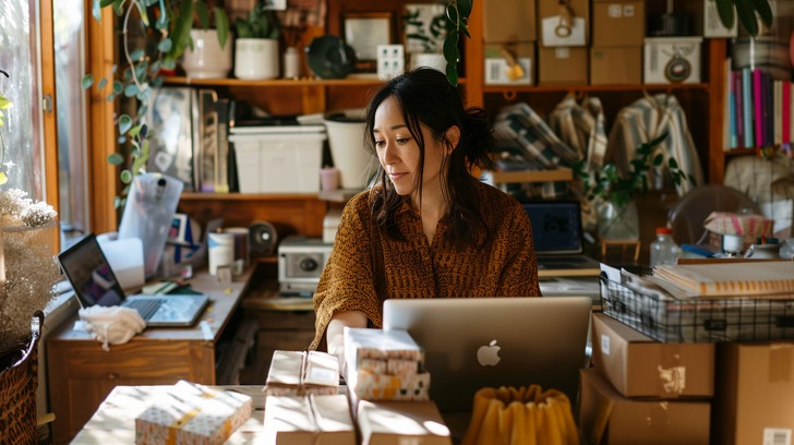 Asian woman concentrating on a MacBook surrounded by packages in a sunlit home office filled with plants and vintage decor