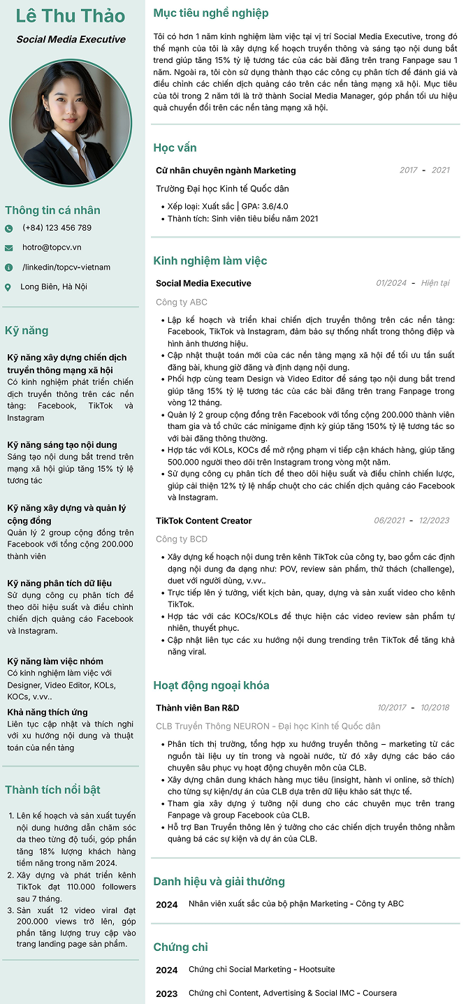 Mẫu CV Social Media Executive 