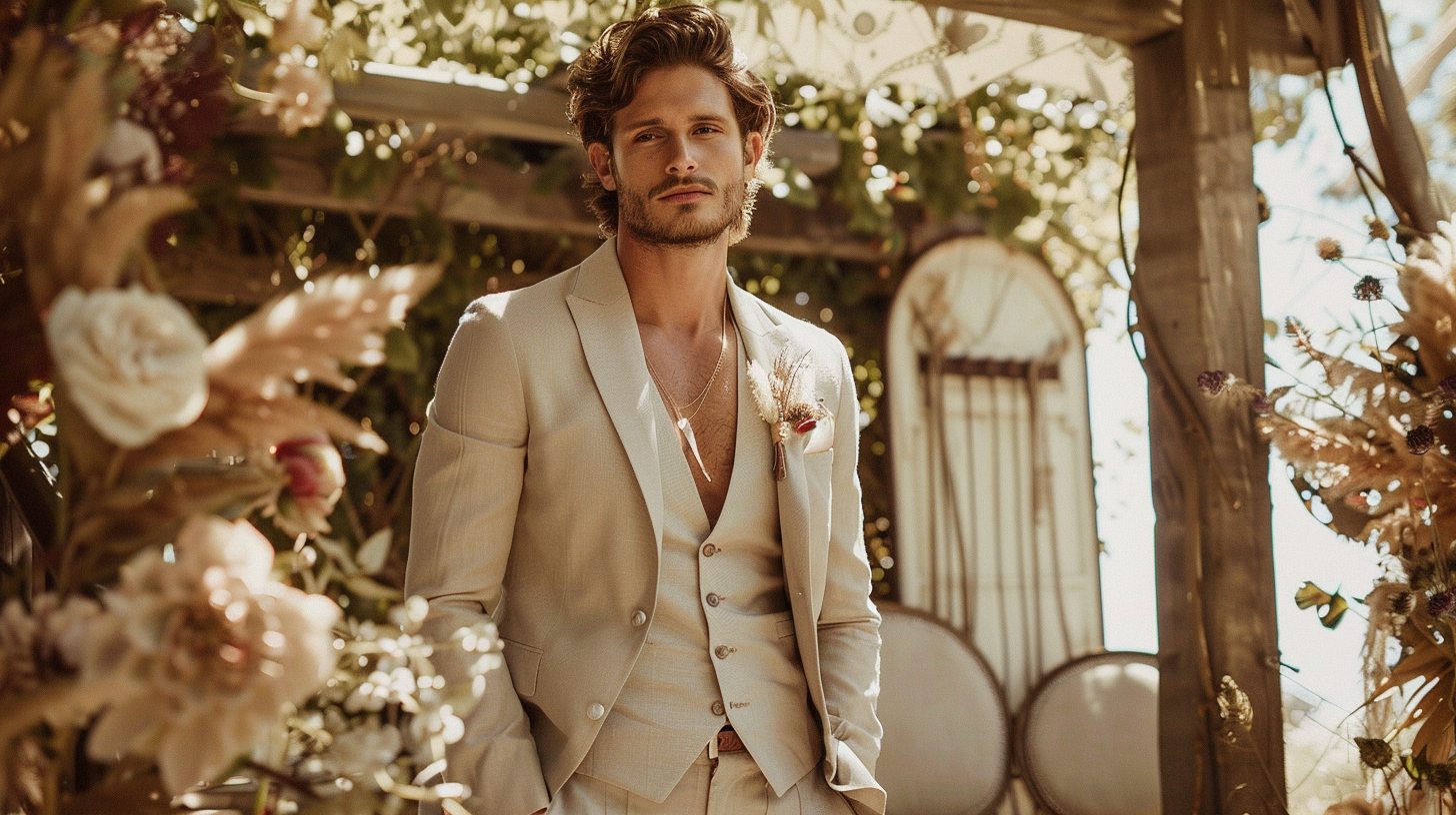 Man in a light beige or pastel linen or cotton suit, no tie, standing at an outdoor summer or beach wedding, breezy, relaxed, and breathable vibe.