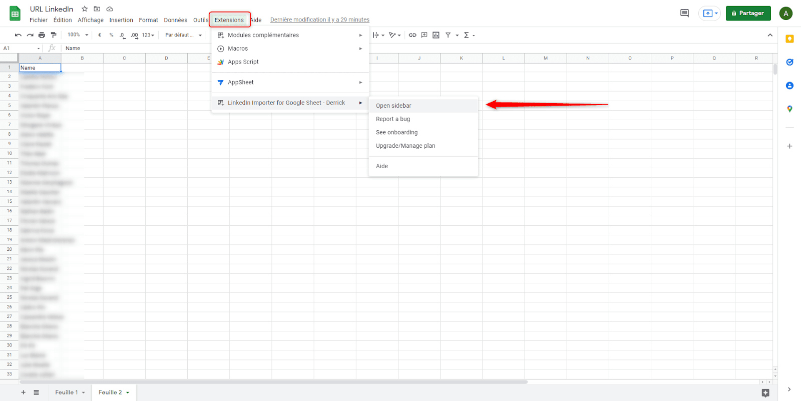 Archivo CSV con los datos exportados de tus contactos de Facebook