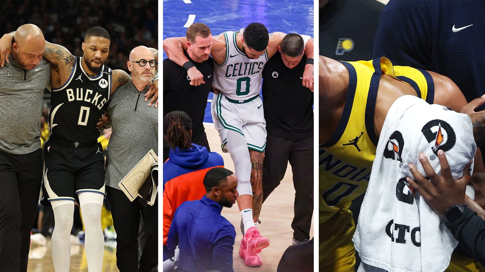 Trois stars de la conférence Est, trois numéro 0, trois ruptures du tendon d'Achille en playoffs.  
Lillard : crédit :Stacy Revere, Getty Images
Tatum : crédit: Vincent Carchietta-Imagn Images
Haliburton : crédit : Matthew Stockman, Getty Images 