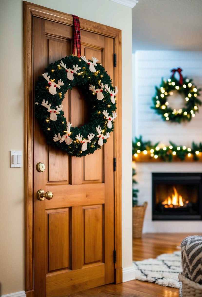 A cozy living room with a festive wreath made of felt reindeer, hanging on a wooden door. Twinkling lights and a crackling fireplace complete the scene