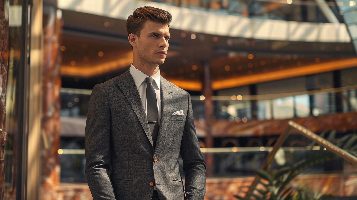 Man wearing a slim fit suit tailored close to the body, modern styling with a sharp silhouette, standing in an urban or upscale venue. Contemporary fashion-forward look.