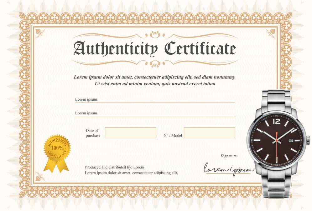 Certificate of authenticity for a luxury watch featuring a gold seal and watch image, illustrating the importance of documentation in verifying pre-owned watches