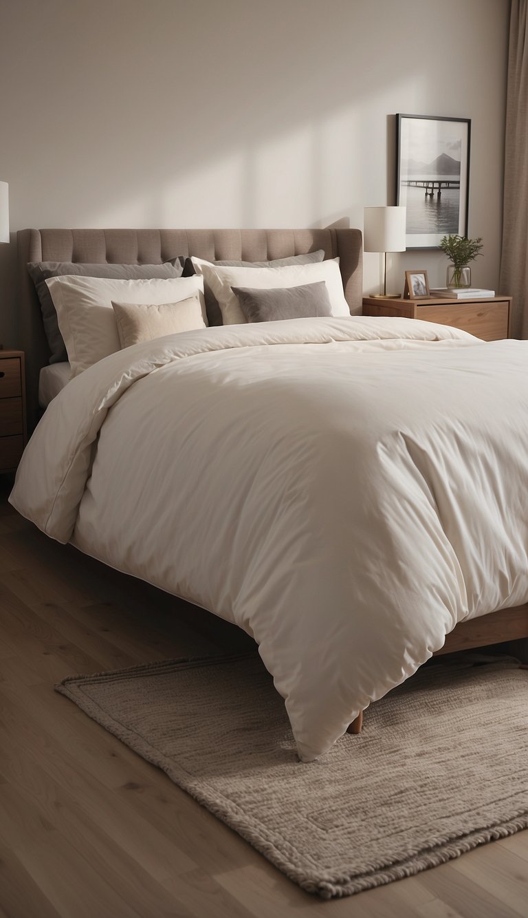 A neatly made bed with an off-white comforter in a neutral-toned bedroom. Minimalist decor, soft lighting, and a serene ambiance