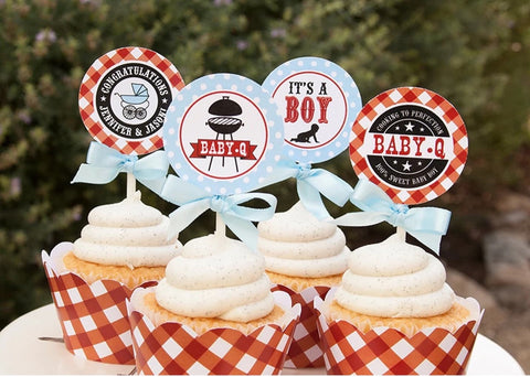 Cupcakes decorated for a barbecue-themed summer baby shower