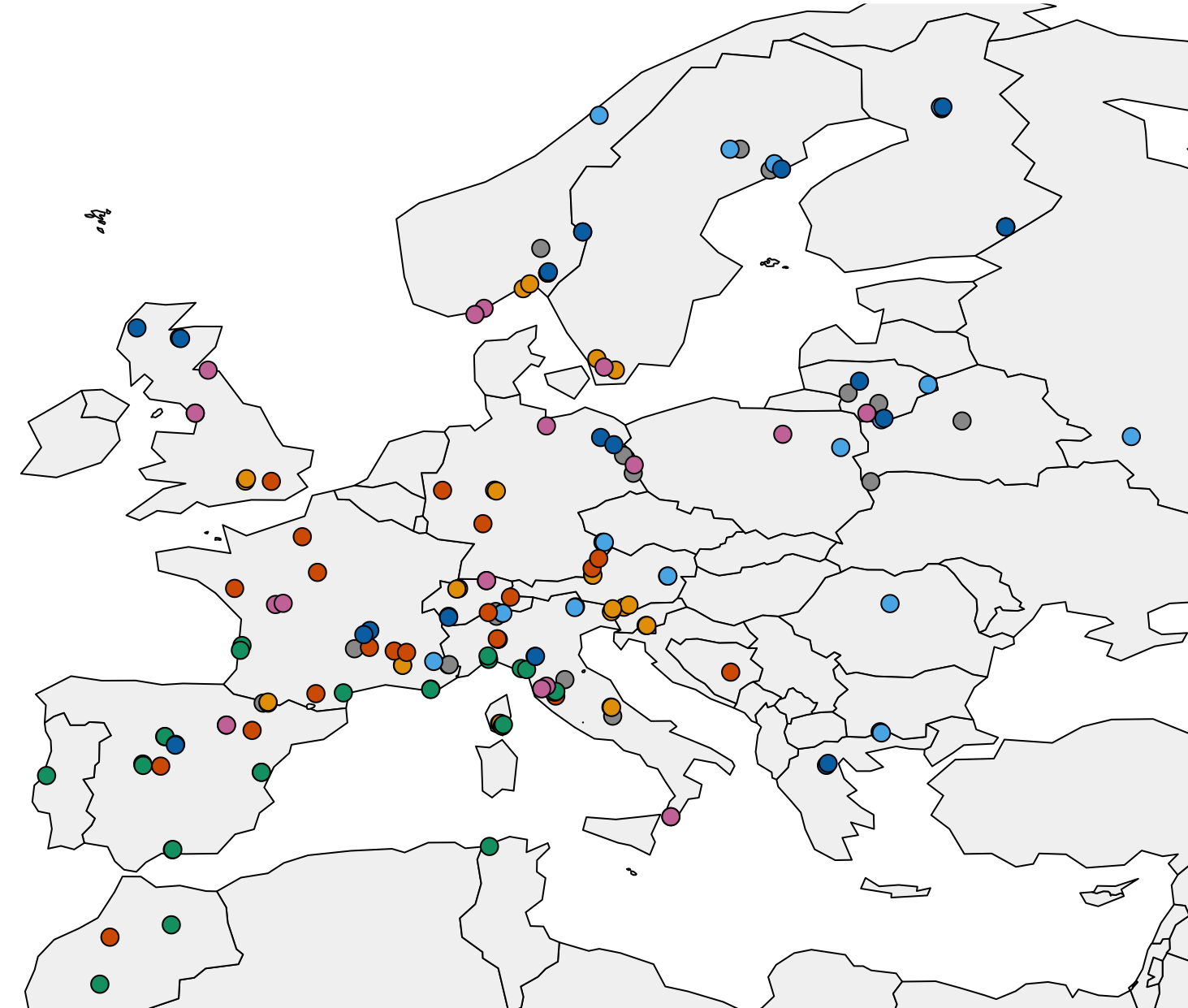 A map of europe with different colored dots

Description automatically generated