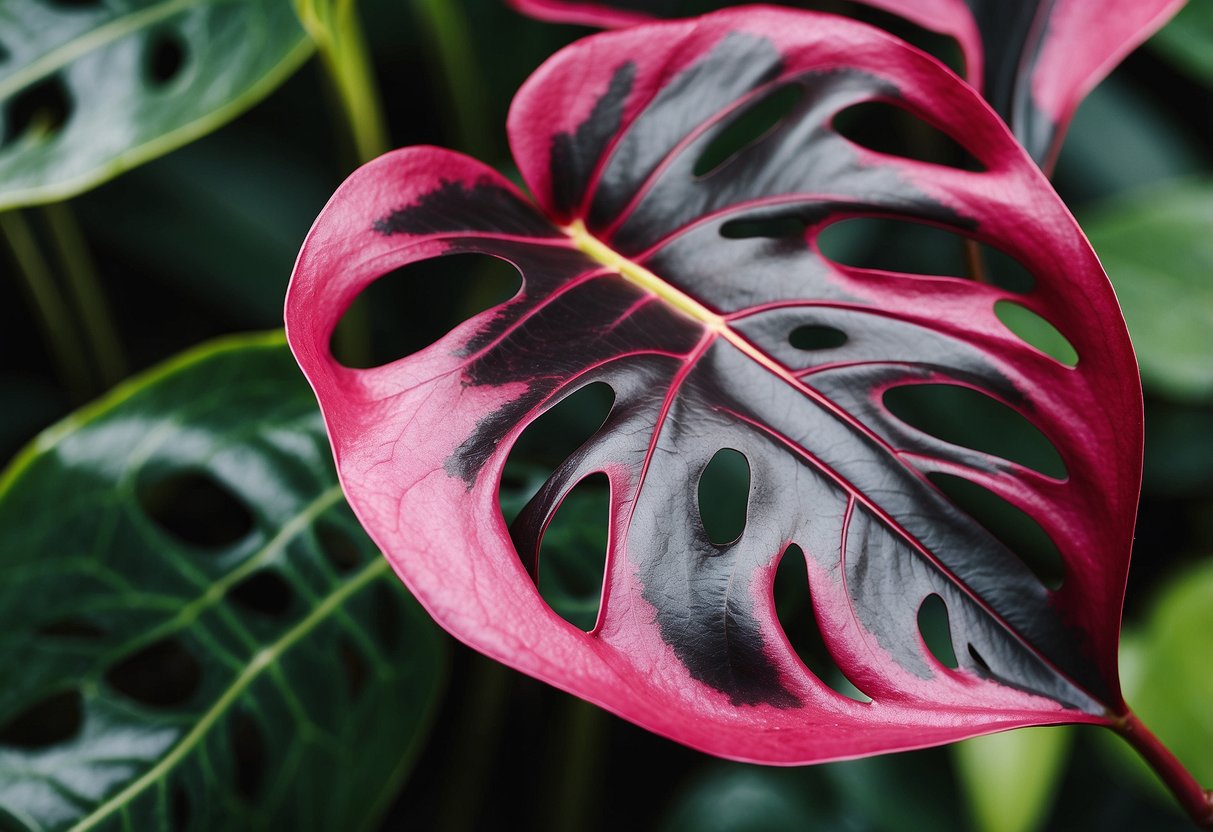 A vibrant Philodendron Black Cherry contrasts with the delicate Pink Princess, both displaying lush, variegated foliage