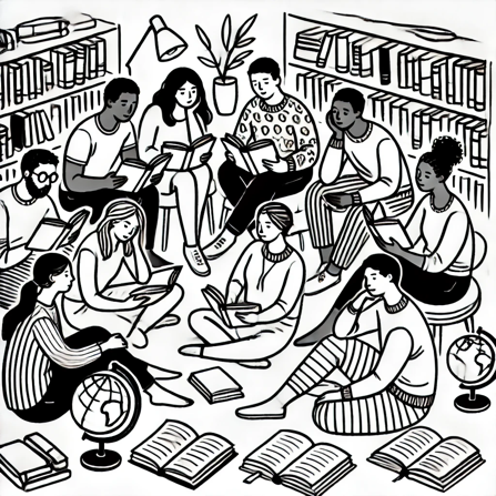 A simple black and white line drawing of a group of people, mostly with dark skin, sitting closely together and actively discussing books. The people are drawn in expressive, conversational poses to emphasize interaction and engagement. They are surrounded by open and closed books, with a small globe nearby, representing an international theme. The setting is cozy and inviting, with a minimalistic style that remains visually clear and distinct. The atmosphere is warm and collaborative, focusing on lively discussion.