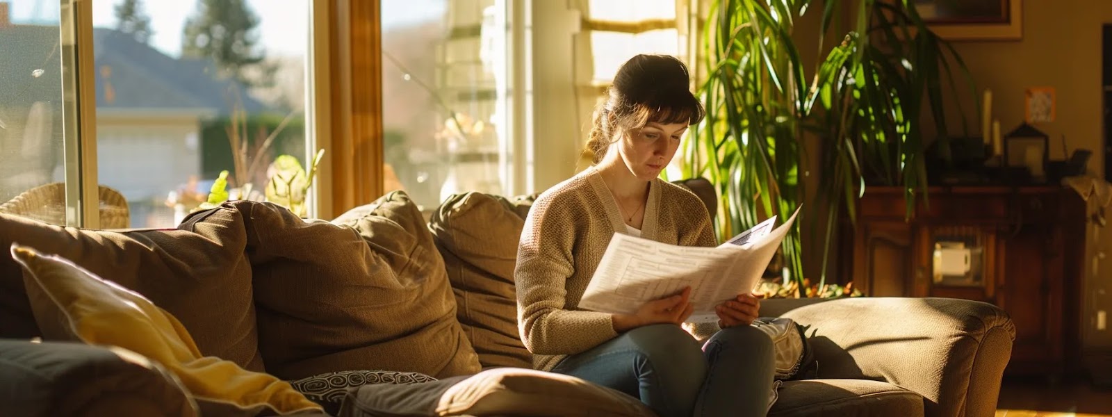 a pensive homebuyer reviews a detailed inspection report in a well-lit living room, surrounded by planning notes and a laptop, symbolizing careful consideration and informed decision-making in the home-buying process.