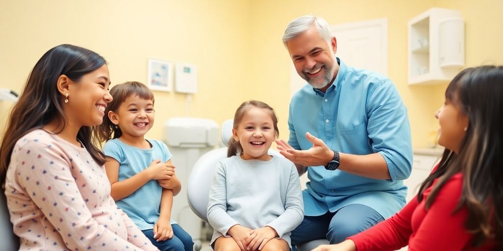 Family visiting a friendly general dentist in a clinic.