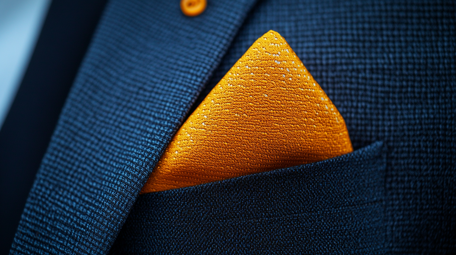 A close-up of a bright yellow pocket square neatly folded in the pocket of a dark navy or gray suit. The yellow adds a cheerful, vibrant pop of color, perfect for spring or summer events. Soft lighting emphasizes the freshness of the yellow against the deep tones of the suit, creating a balanced and lively look, ideal for a stylish and uplifting appearance