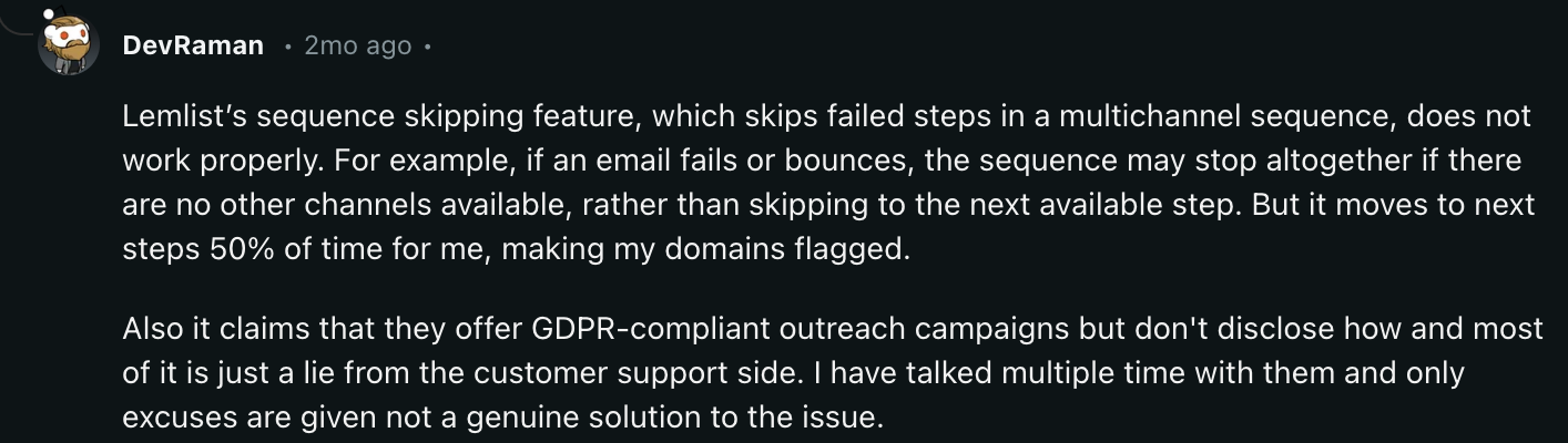 Reddit post about their experience with Lemlist's sequences and GDPR compliance