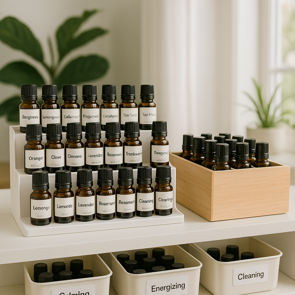 Thumbnail Image A beautifully organized essential oil storage setup. Includes a tiered spice rack on a shelf with labeled essential oil bottles, a wooden storage box with dividers holding oils upright, and small labeled bins categorized by use (e.g., 'Calming', 'Energizing', 'Cleaning'). The background is a clean, bright home setting with plants and natural light.