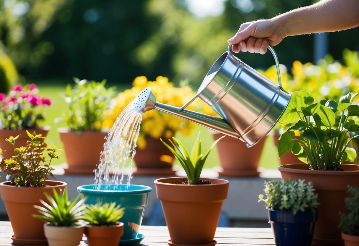 A hand holding a watering can pours water onto a variety of potted plants on a sunny patio