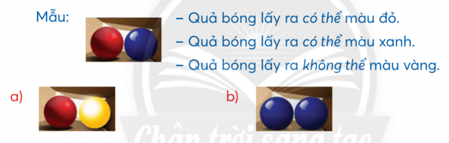 BÀI 20.CÁC KHẢ NĂNG XẢY RA CỦA MỘT SỰ KIỆNTHỰC HÀNH Bài 1: Mỗi hộp có hai quả bóng (như hình vẽ). Không nhìn vào hộp, lấy ra một quả bóng.Hãy nói khả năng xảy ra về màu của quả bóng được lấy (dùng các từ có thể, chắc chắn, không thể).Đáp án chuẩn:a)Quả bóng lấy ra có thể màu vàng.Quả bóng lấy ra có thể màu đỏ.Quả bóng lấy ra không thể màu xanh.b)Quả bóng lấy ra chắc chắn màu xanh.Quả bóng lấy ra không thể màu đỏ.Quả bóng lấy ra không thể màu vàng.LUYỆN TẬP