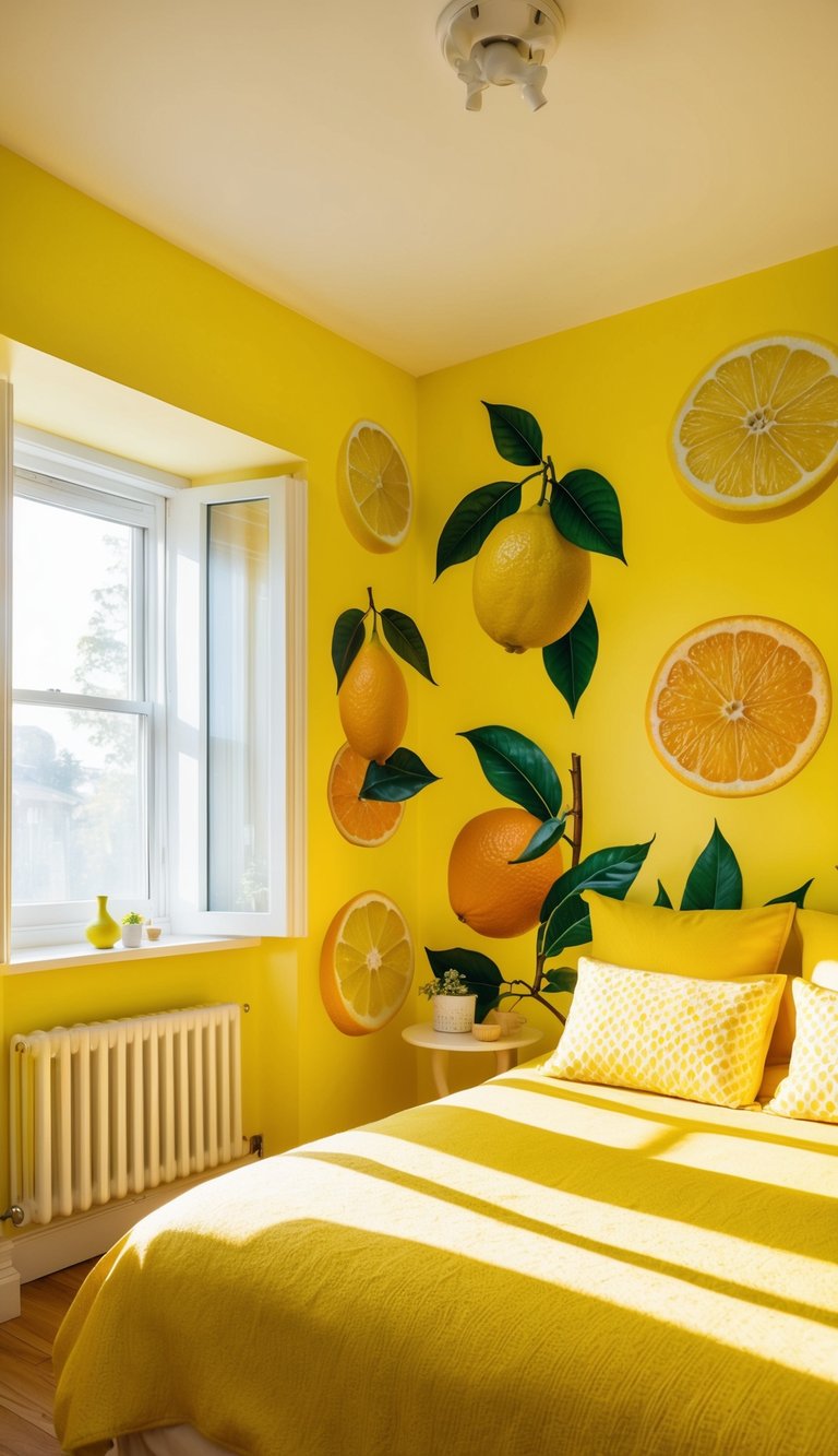 A bright yellow bedroom with citrus-themed wall murals, featuring lemons, oranges, and other citrus fruits. Sunlight streams in through the window, casting a warm glow over the room