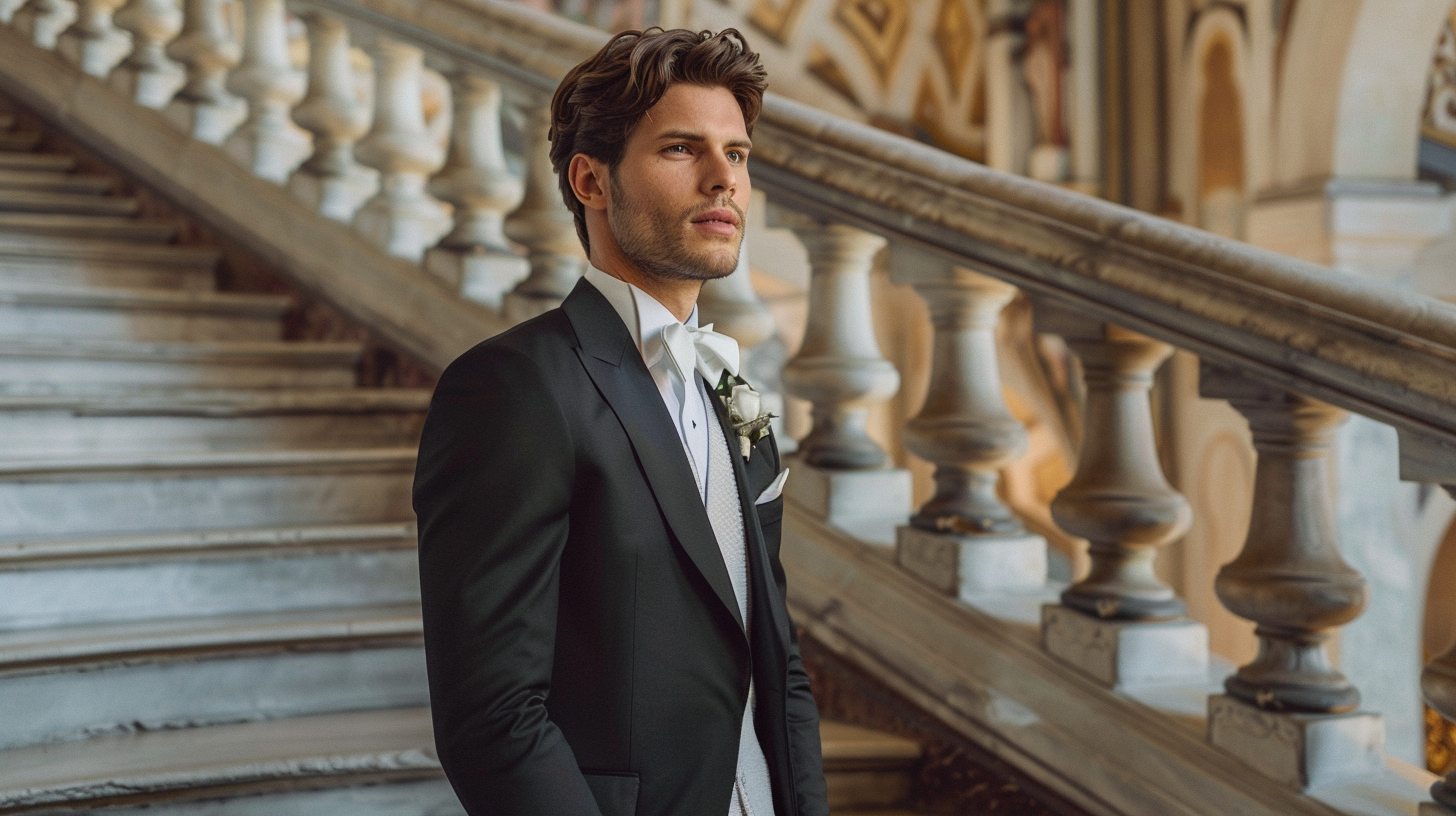 Man wearing a classic black two-piece suit with matching jacket and trousers, styled with a white shirt and tie, standing at a timeless wedding venue--formal yet versatile look.