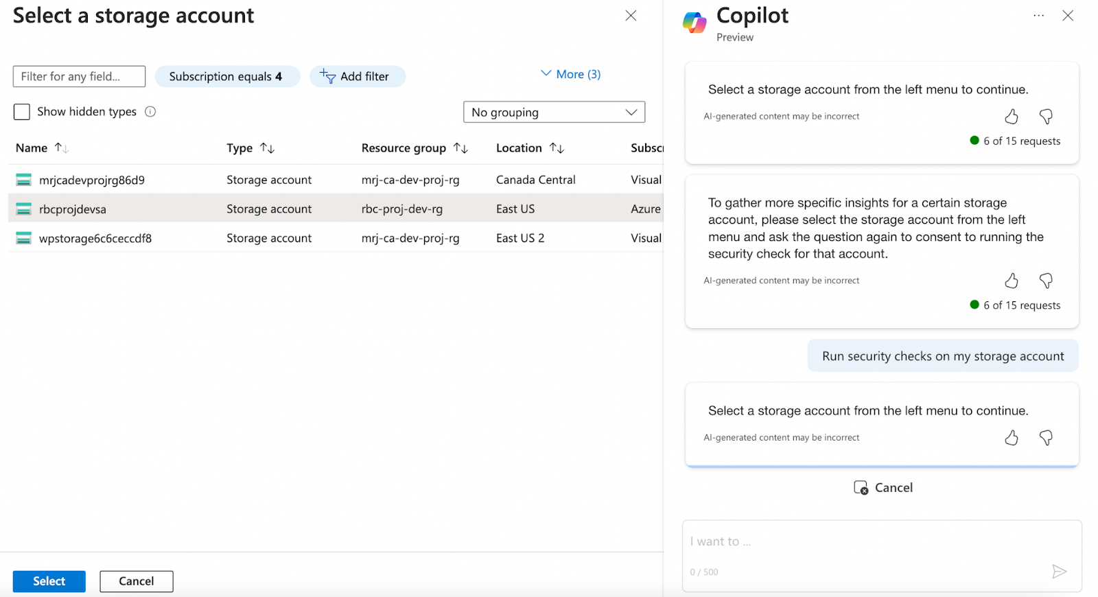 select storage on Azure