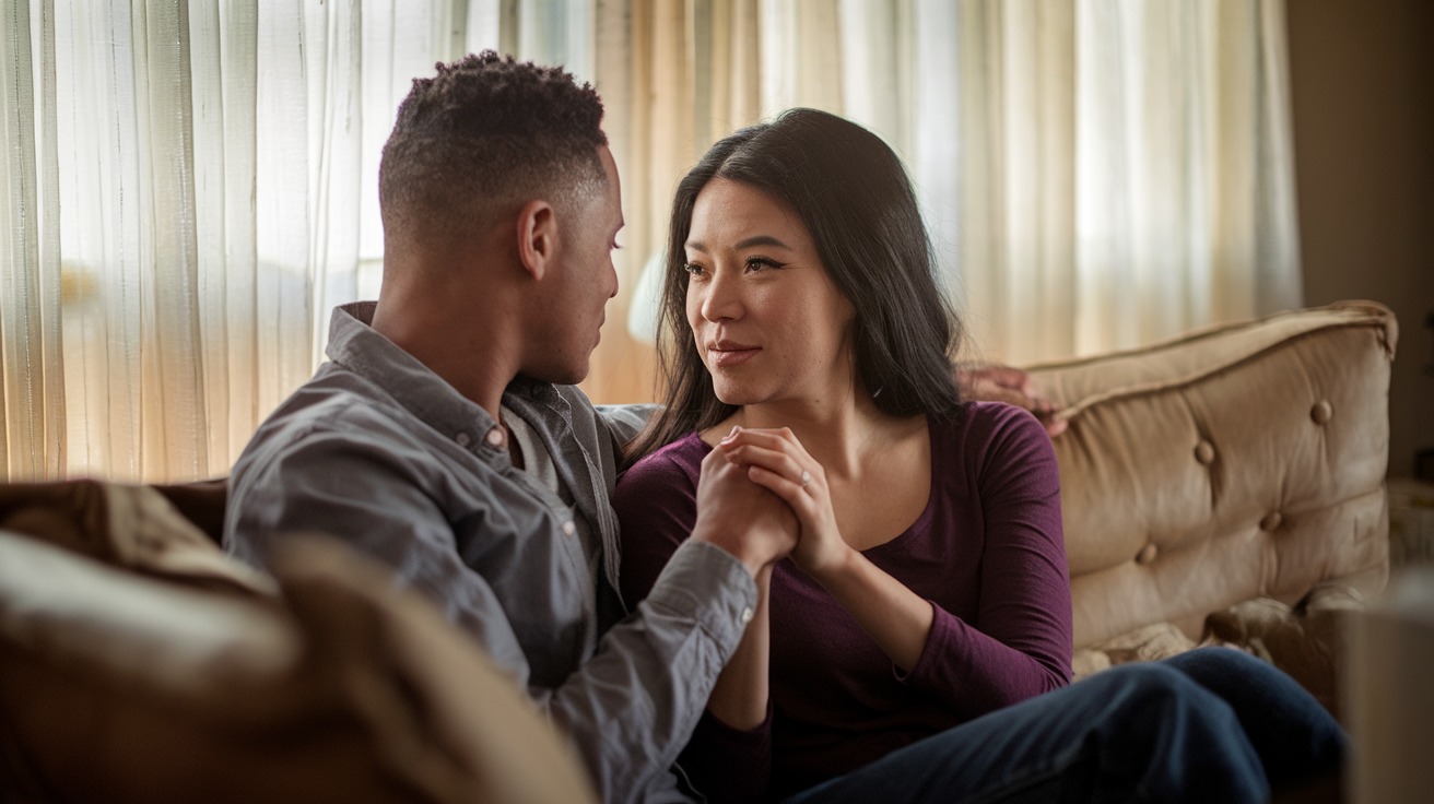 Create a realistic image of a diverse couple sitting on a couch having an intimate conversation, with one person holding the other's hand supportively, conveying trust and emotional connection, in a warm living room setting with soft, natural lighting coming through sheer curtains, creating a safe and comfortable atmosphere that represents the emotional aspects of safer sex discussions.